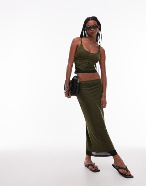 ASOS DESIGN 90's mesh double layer  maxi skirt in khaki co ord