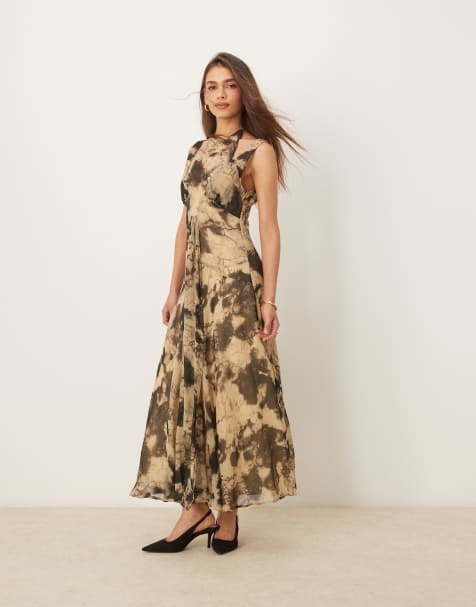 ASOS DESIGN – Dwuwarstwowa sukienka midi z dekoltem typu halter w abstrakcyjny musztardowy wzór - view 1