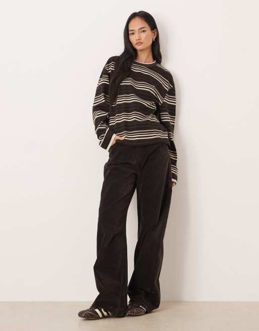ASOS DESIGN – Dwuwarstwowy brązowy top w paski z długimi rękawami, 2 z 4