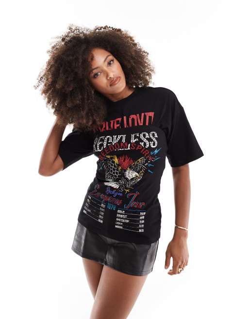 ASOS DESIGN – Dwuwarstwowy czarny gorsetowy T-shirt z grafiką w rockowym stylu