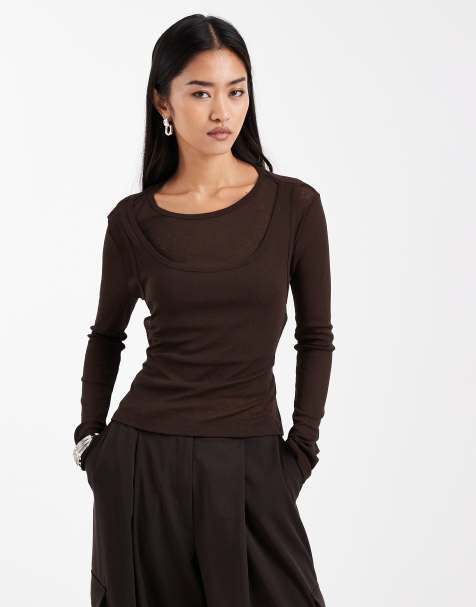 ASOS DESIGN – Dwuwarstwowy prześwitujący top w brązowym kolorze - view 1