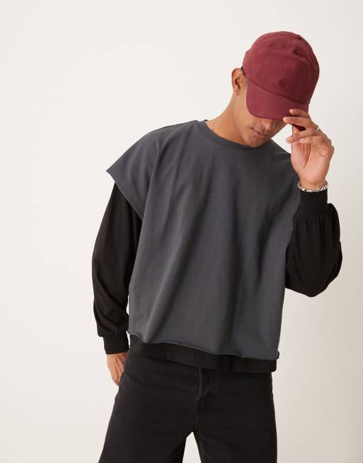 ASOS DESIGN – Dwuwarstwowy T-shirt o pudełkowym fasonie extreme oversize z długim rękawem w spranym czarnym kolorze