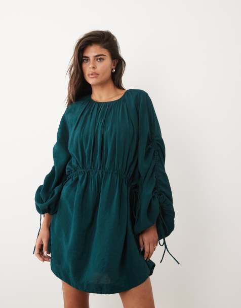 ASOS DESIGN - Dyb blågrøn minikjole med rund hals og rynket talje samt blouson-ærmer - view 1