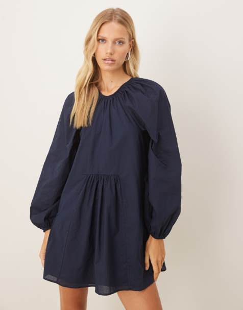 ASOS DESIGN - Dyb marineblå stor smock-minikjole med bindebånd på ryggen - view 1