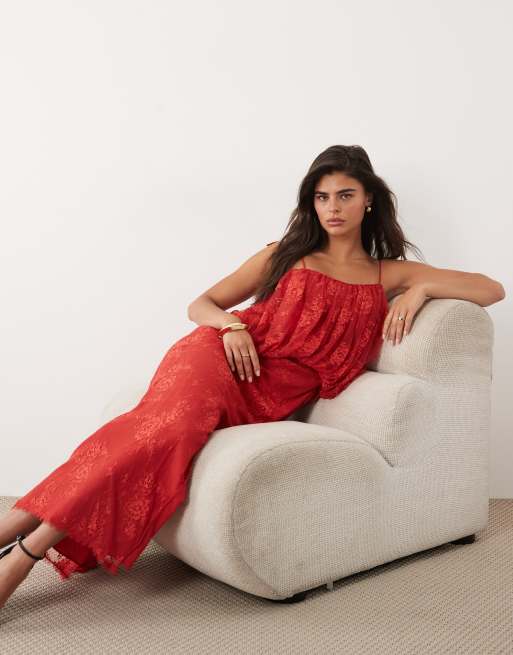 ASOS DESIGN - Dyb rød midaxi-kjole i blondestof med lagdelt ballon-design, 2 af 4