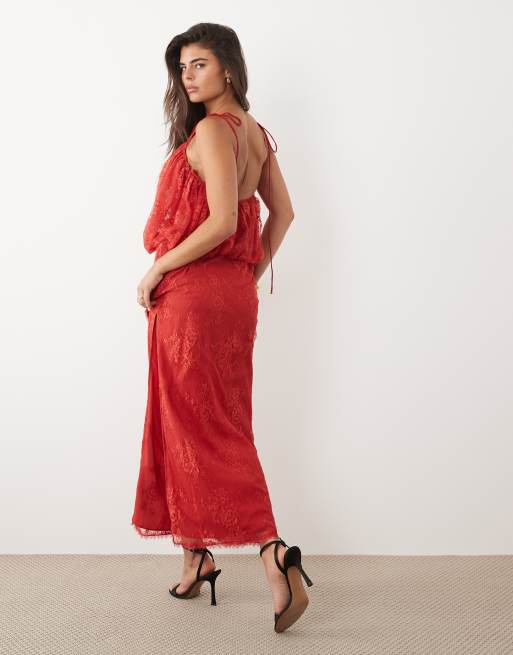 ASOS DESIGN - Dyb rød midaxi-kjole i blondestof med lagdelt ballon-design, 4 af 4