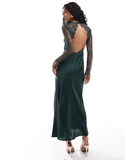 ASOS DESIGN - Dybgrøn maxikjole med skråsnit og snørefront foran samt udskæring bagpå i satin- og blondeblanding, 4 af 4