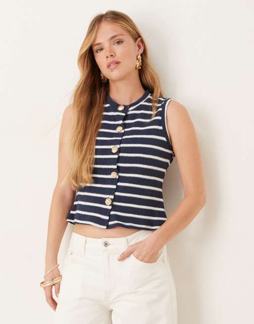 ASOS DESIGN – Dżersejowa dzianinowa kamizelka w granatowe paski z zapięciem na guziki w kształcie muszli