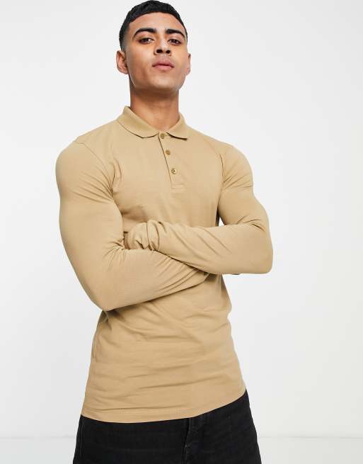 ASOS DESIGN – Dżersejowa koszulka polo z długim rękawem o kroju podkreślającym sylwetkę, w kolorze khaki