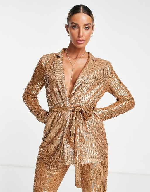 ASOS DESIGN – Dżersejowa marynarka garniturowa o kopertowym kroju z cekinami w kolorze różowego złota