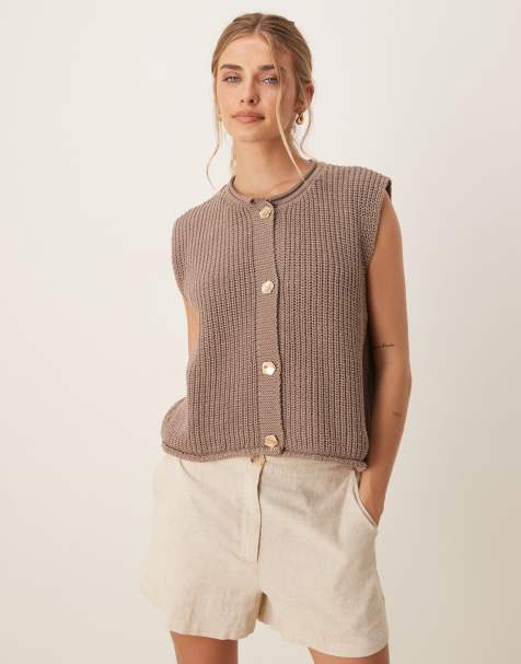 ASOS DESIGN knitted boxy waistcoat with gold buttons in mocha