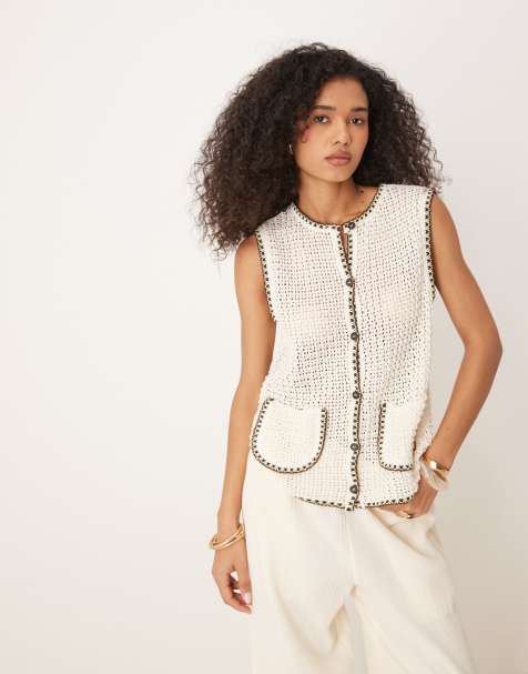 ASOS DESIGN knitted tank with patch pockets and blanket stitch in ecru