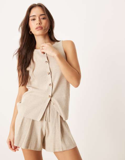 ASOS DESIGN linen blend knitted waistcoat co-ord in ecru