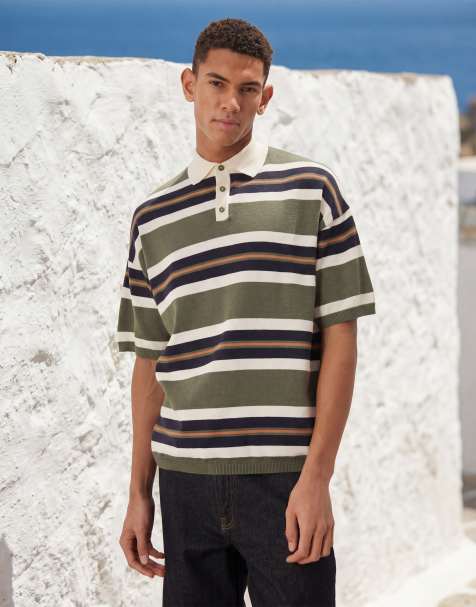 ASOS DESIGN – Dzianinowa koszulka polo o luźnym kroju w paski w kolorze khaki i granatowym - view 1