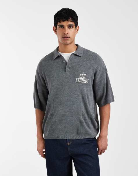 ASOS DESIGN relaxed knitted polo with ceu studios embroidery in grey marl