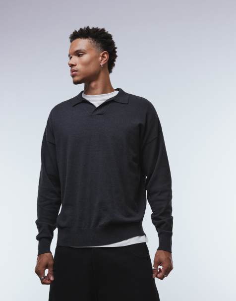 ASOS DESIGN relaxed long sleeve knitted notch neck polo in charcoal marl