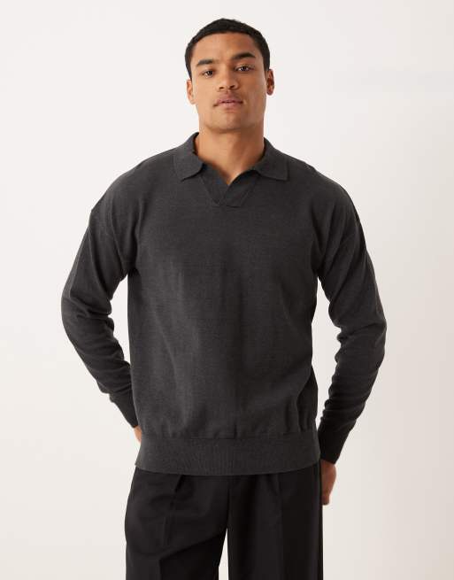 ASOS DESIGN – Dzianinowa koszulka polo o luźnym kroju z wycięciem przy dekolcie i długimi rękawami w grafitowym melanżowym kolorze