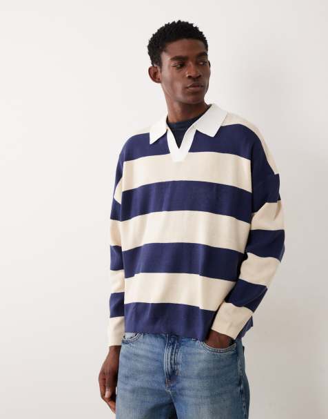 ASOS DESIGN – Dzianinowa koszulka polo o luźnym kroju z wycięciem w dekolcie w paski w kolorze granatowym i ecru - view 1