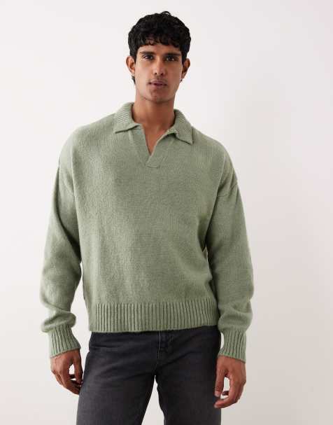 ASOS DESIGN super oversized boxy fit knitted notch neck polo in sage green marl	