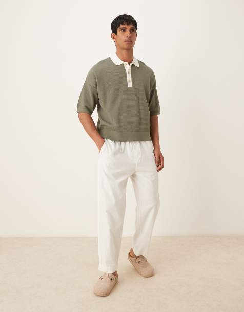 ASOS DESIGN oversized knitted polo in khaki with contrast collar