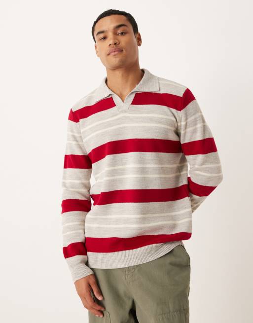 ASOS DESIGN – Dzianinowa koszulka polo w czerwono-beżowe paski z wycięciem przy dekolcie