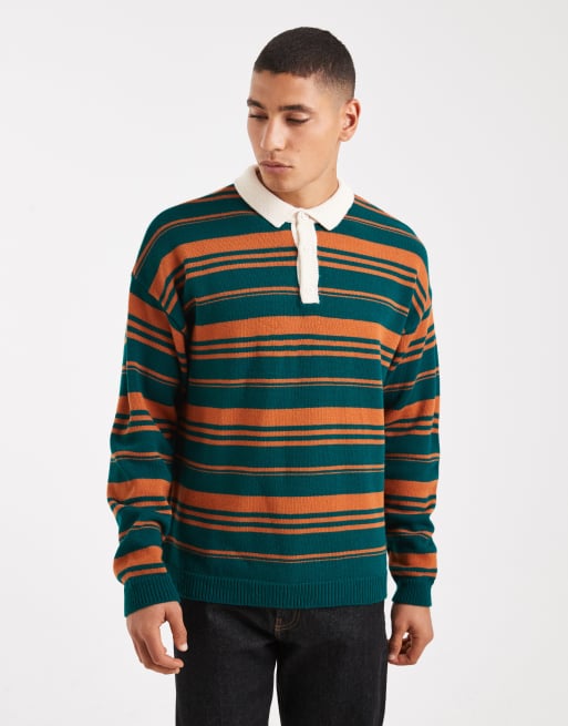 ASOS DESIGN – Dzianinowa koszulka polo w stylu rugby o luźnym kroju w zielono-pomarańczowe paski