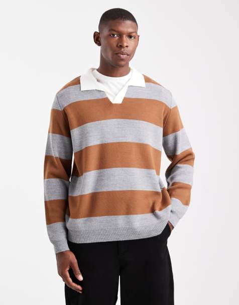 ASOS DESIGN knitted long sleeve rugby polo in tan and grey stripe