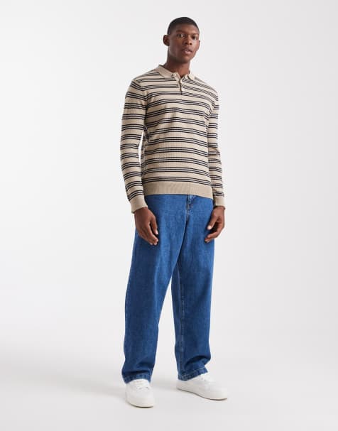 ASOS DESIGN – Dzianinowa koszulka polo z długimi rękawami w kolorze ecru w paski - view 1
