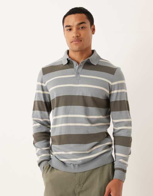ASOS DESIGN – Dzianinowa koszulka z kołnierzykiem polo i długimi rękawami w szare paski