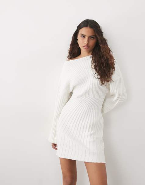 ASOS DESIGN dzianinowa mini sukienka z marszczeniem i plisowaniem w kolorze kremowym - view 1