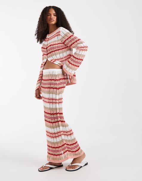 ASOS DESIGN – Dzianinowa spódnica maxi o drabinkowym splocie, w pomarańczowe paski, część zestawu - view 1