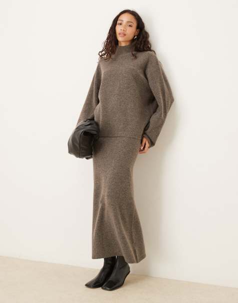 ASOS DESIGN knitted maxi skirt co-ord in mushroom