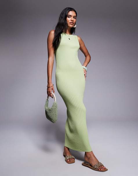 ASOS DESIGN knitted slash neck midaxi dress in wide rib in pistachio