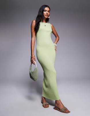ASOS DESIGN – Dzianinowa sukienka midaxi z prostym dekoltem i szerokimi prążkami w kolorze pistacjowym