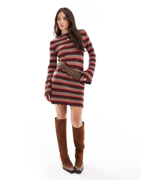 ASOS DESIGN knitted mini dress with flared sleeve in striped crochet stitch