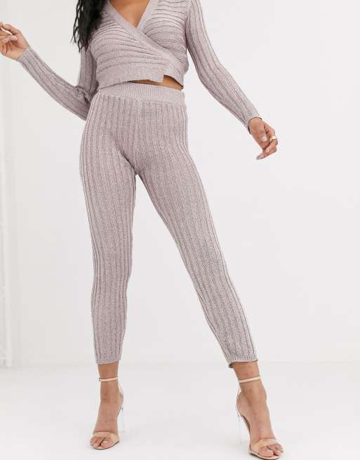 ASOS DESIGN – Dzianinowe metaliczne legginsy w kolorze różowego złota; część zestawu