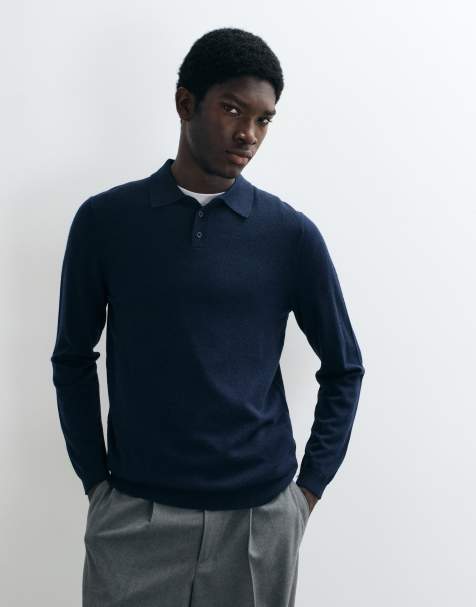 ASOS DESIGN dzianinowe polo z wełny merino z długim rękawem w kolorze granatowym - view 1