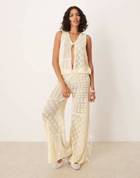 ASOS DESIGN knitted tie front trouser co-ord in ecru