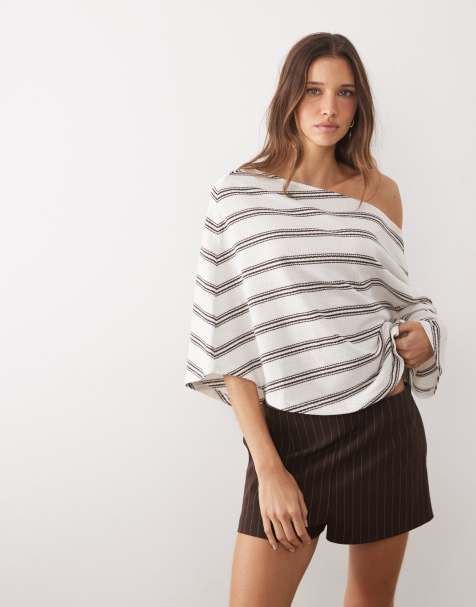 ASOS DESIGN – Dzianinowy dżersejowy top w czarno-białe paski z odkrytymi ramionami, część zestawu - view 1