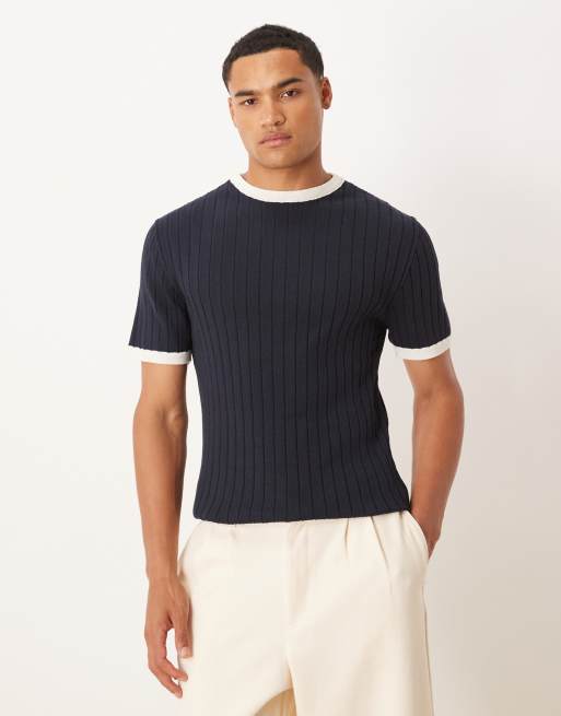 ASOS DESIGN – Dzianinowy granatowy T-shirt o kroju podkreślającym sylwetkę z lamówkami