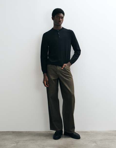 ASOS DESIGN dzianinowy henley z wełny merynosów w kolorze czarnym - view 1