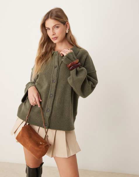 ASOS DESIGN – Dzianinowy kardigan koszulowy w kolorze khaki z kołnierzem i ozdobnymi szwami - view 1