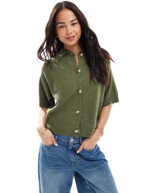 ASOS DESIGN – Dzianinowy kardigan koszulowy z krótkimi rękawami w kolorze khaki