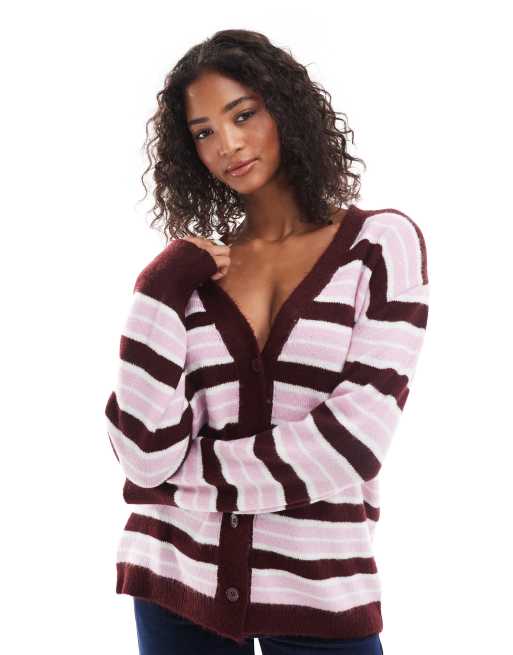 ASOS DESIGN – Dzianinowy kardigan oversize w różowo-bordowe paski