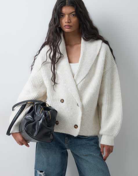 ASOS DESIGN dzianinowy kardigan oversize z kołnierzem szalowym w kolorze kremowym - view 1