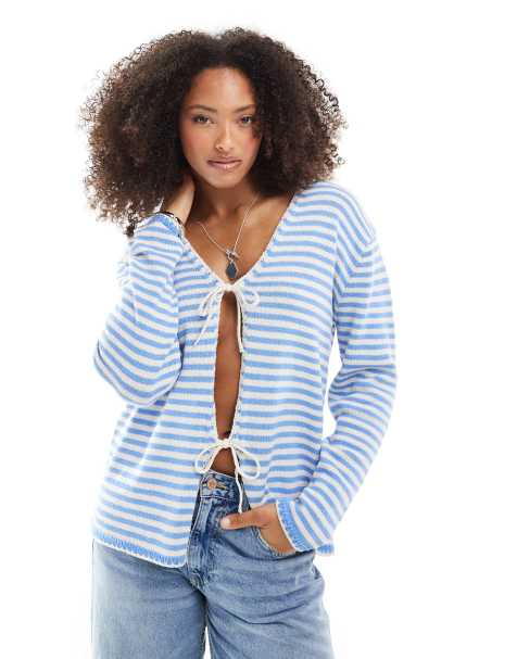 ASOS DESIGN v neck knitted oversized tie front cardigan in blue stripe