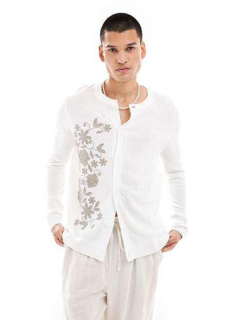 ASOS DESIGN – Dzianinowy kardigan w kolorze ecru z okrągłym dekoltem i brązowym haftowanym wzorem w kwiaty