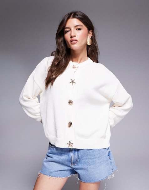 ASOS DESIGN knitted cardigan with gold buttons in ecru