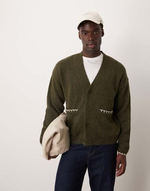 ASOS DESIGN – Dzianinowy kardigan w kolorze khaki o luźnym pudełkowym kroju z kieszeniami i ozdobnymi szwami