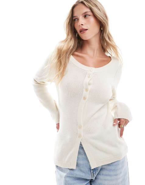 ASOS DESIGN – Dzianinowy kardigan z dekoltem w łódkę w kolorze ecru - view 1